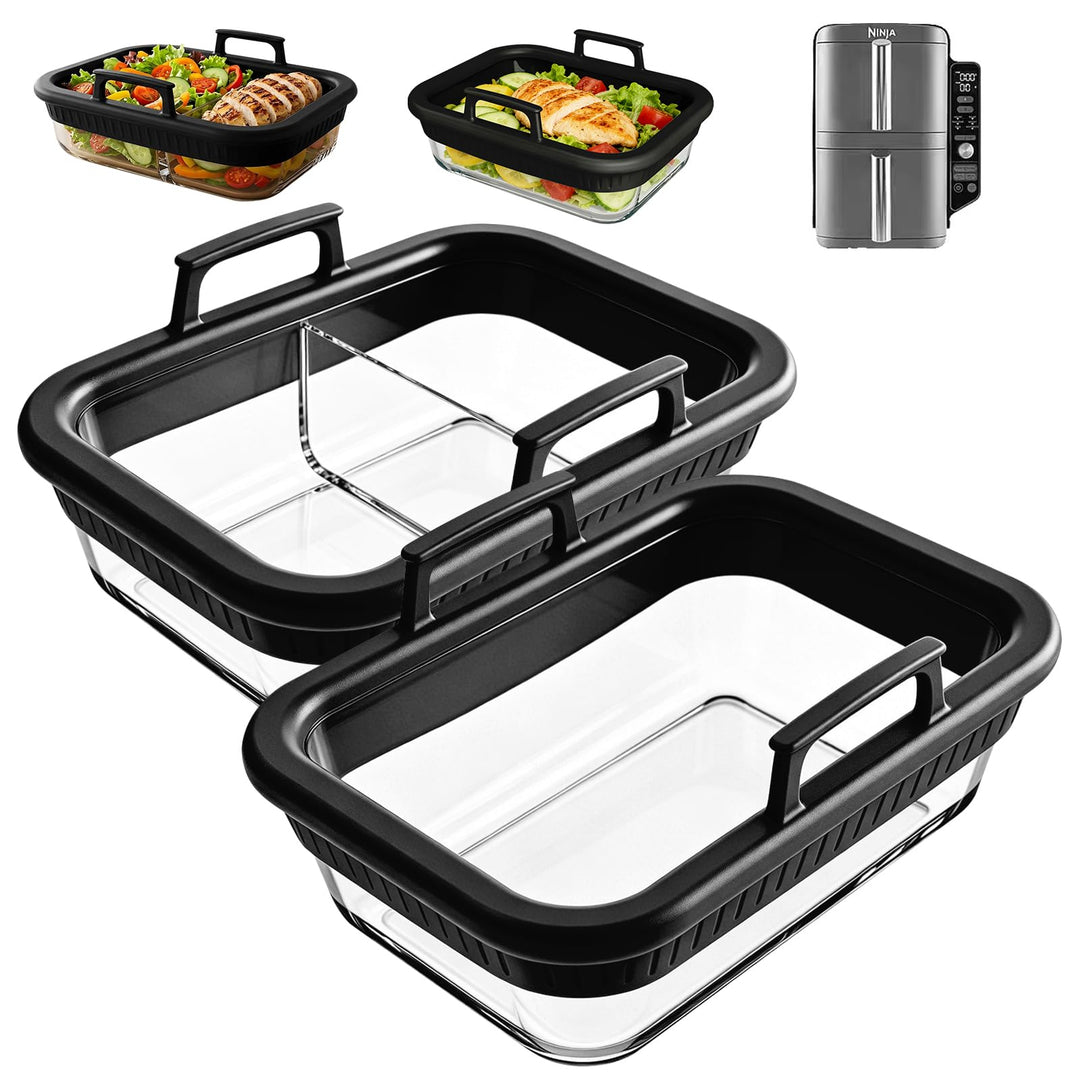 2er Set Glas Auflaufform für Airfryer mit Silikongriffen für Ninja Heissluftfritteuse Zubehör AF400E