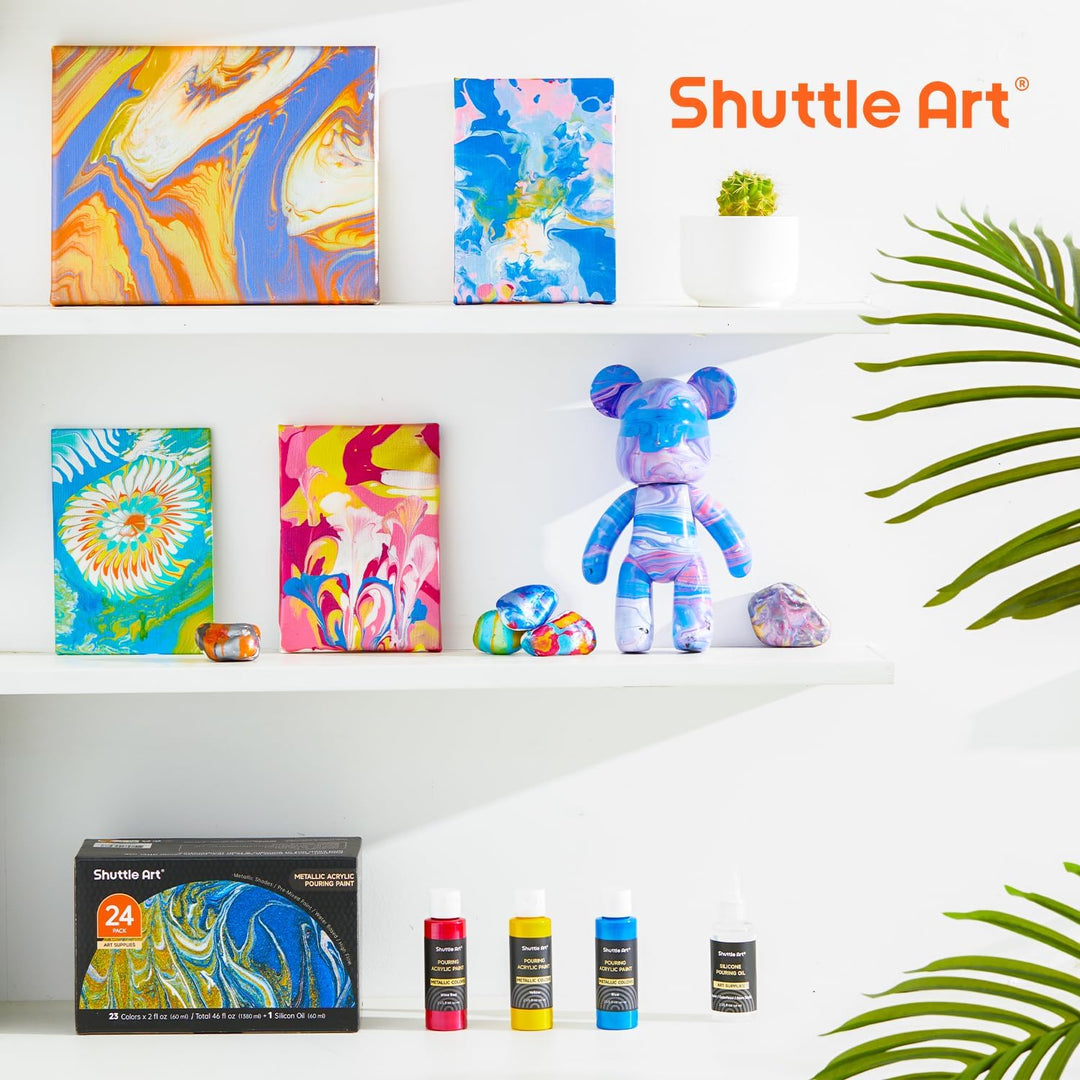 Shuttle Art Metallic Pouring Acrylfarben Set, 24 Stück Acrylic Pouring Farben in Flaschen (je 60m/2o