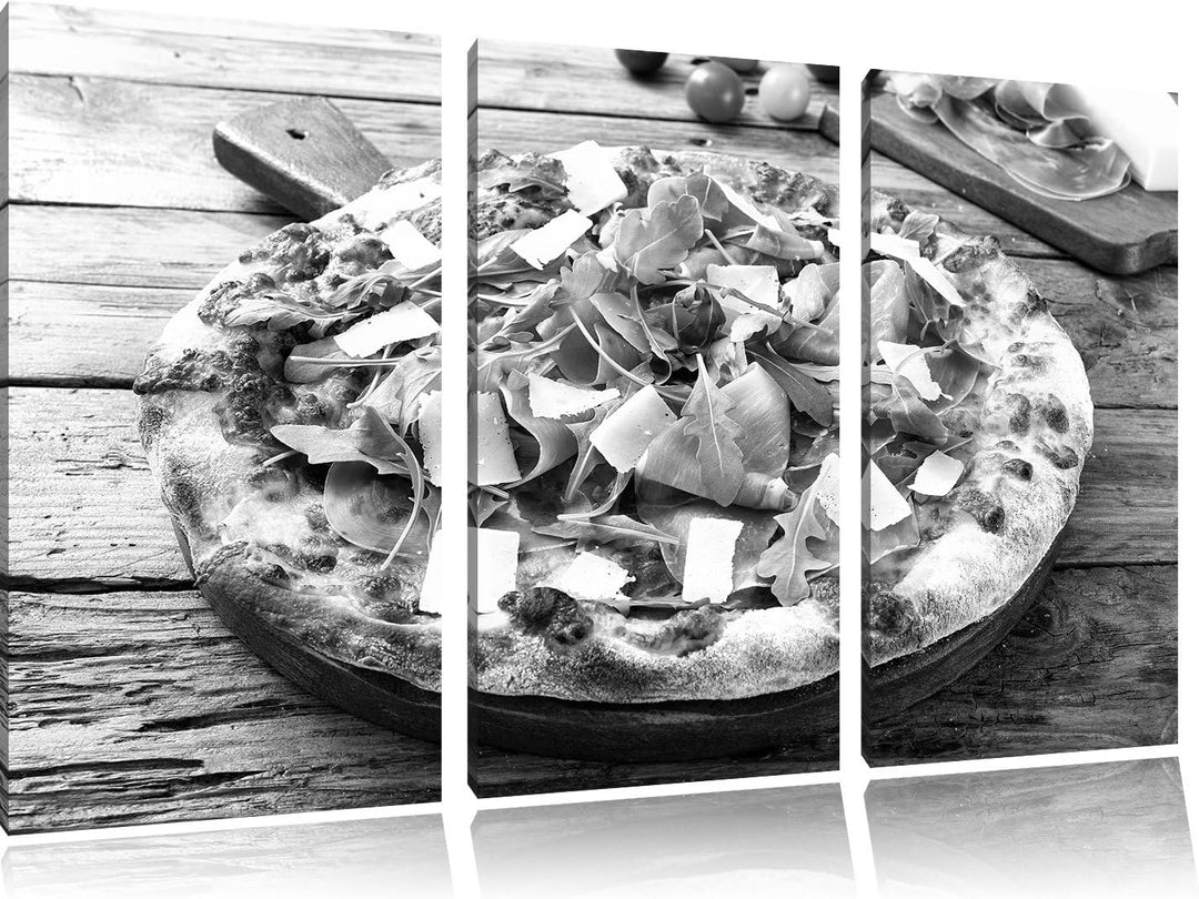 Pixxprint Prosciutto Pizza auf Holztisch / 3-Teilig/Gesamtmass 120cm Leinwandbild bespannt auf Holzr