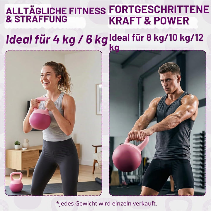 Soft Kettlebell 4-12kg - Bodenschonend und Leise, Eisensand-Kugelhantel mit ergonomischem Griff für
