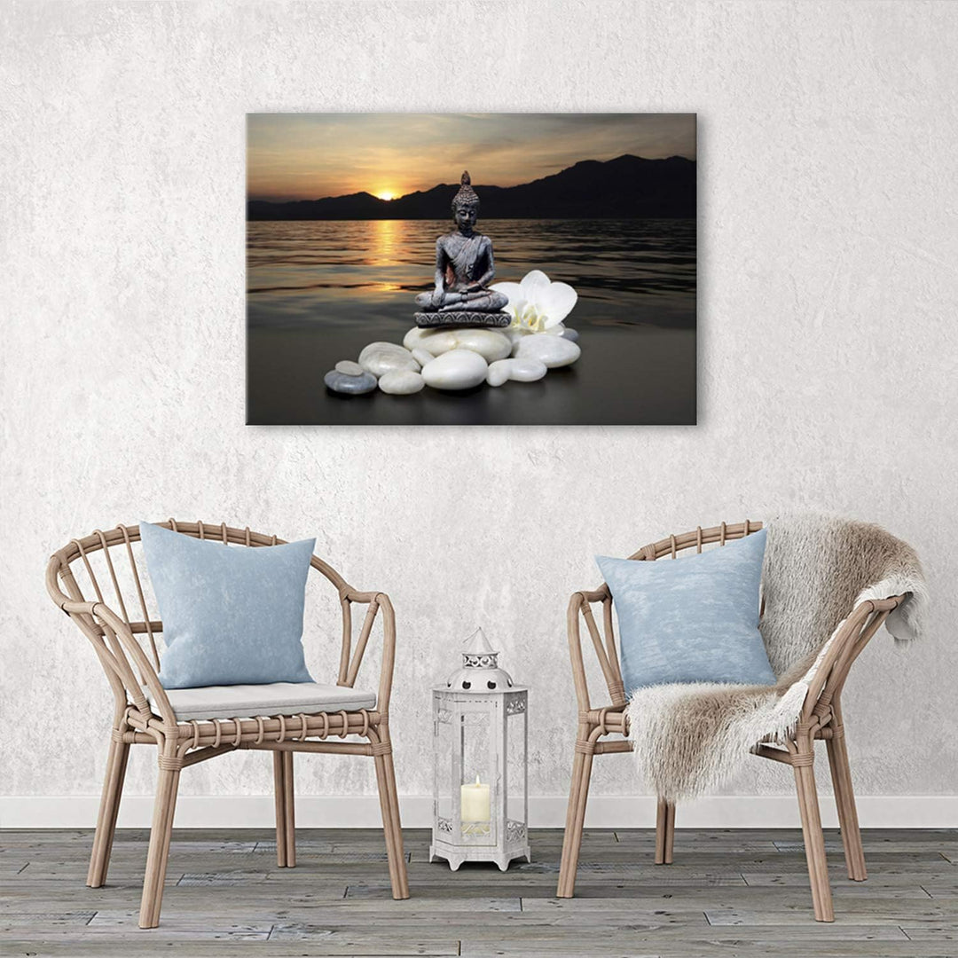 Feeby Bilder Buddha Steine Blume Orchidee See 60x40 cm 1 Teilig Wohnzimmer Schlafzimmer Büro Flur Kü