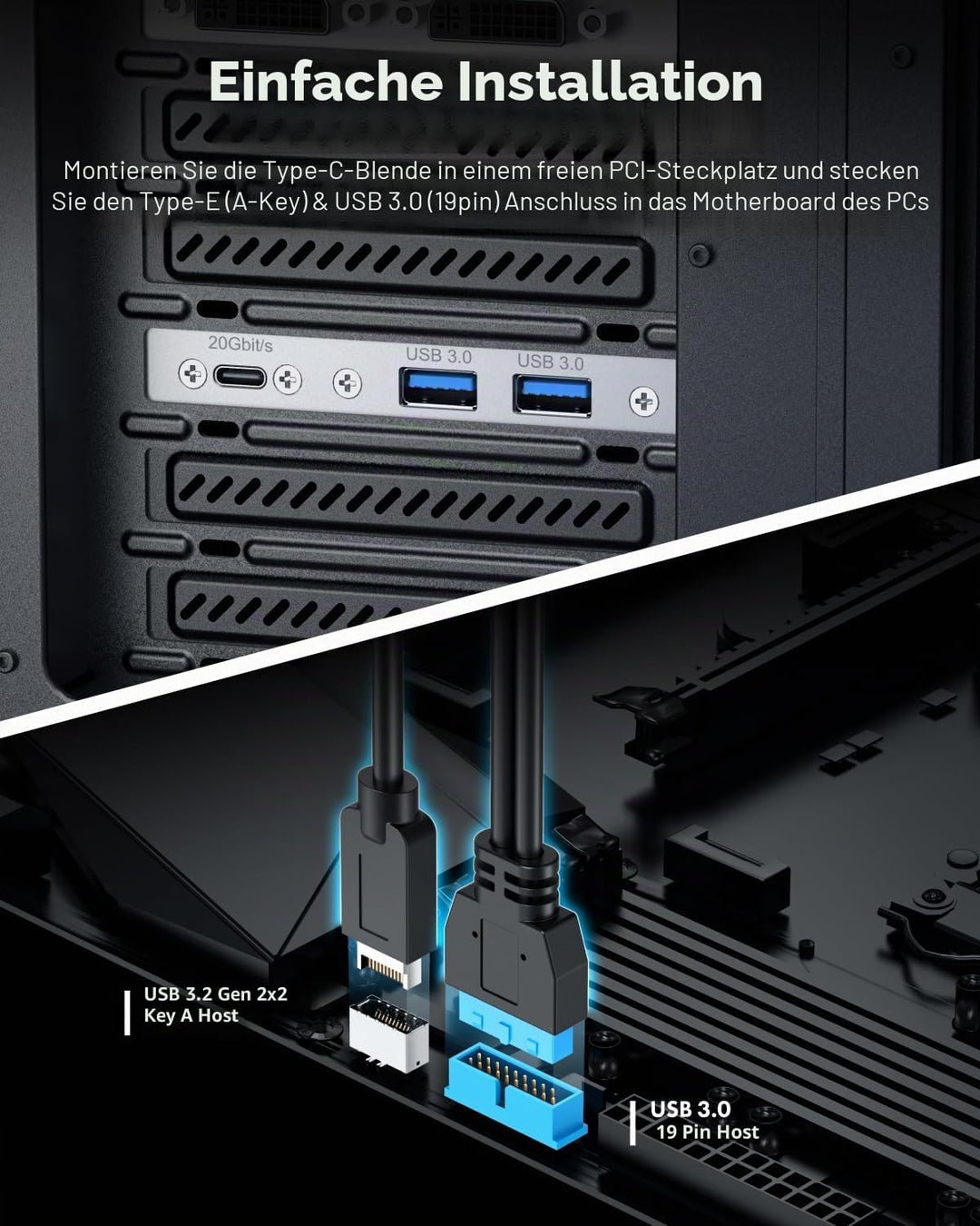 GRAUGEAR 20Gbit/s USB Port Typ-C & 2x Typ-A I USB HUB in PCI Slot [Extra HUB] Mainboard USB Verlänge