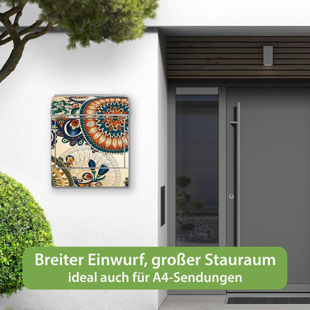 banjado Design Briefkasten 38,5x46,5x13cm & 2 Schlüssel - Briefkasten Stahl Silber mit Zeitungsfach