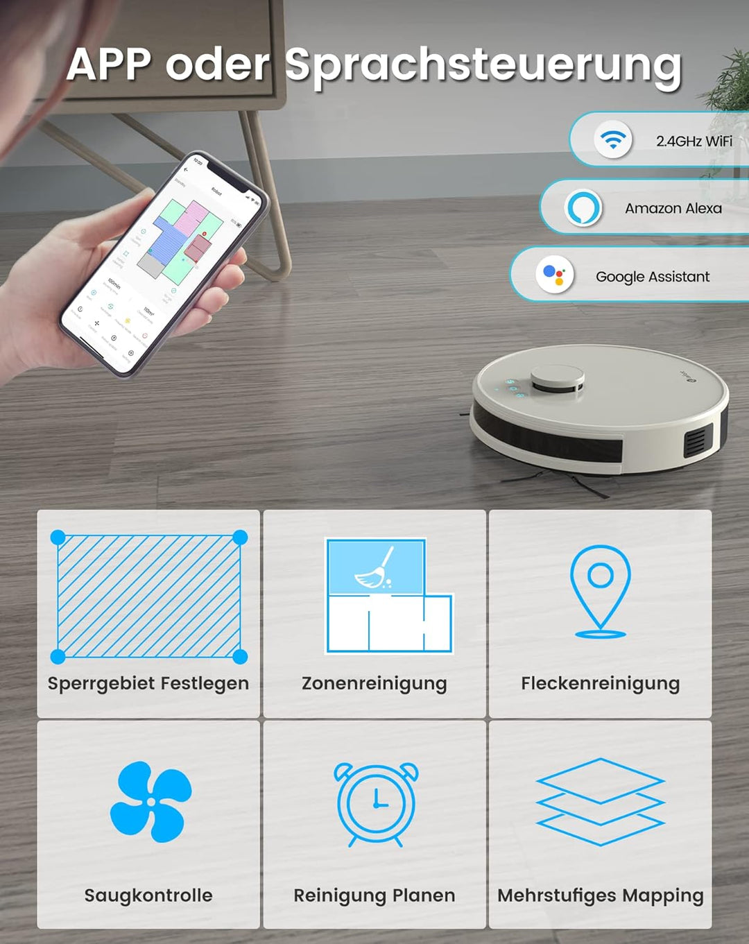 LEFANT Staubsauger Roboter, No-Go-Zonen, Saug und Wischroboter 5500 Pa Mehrstufiges Mapping, Laser N