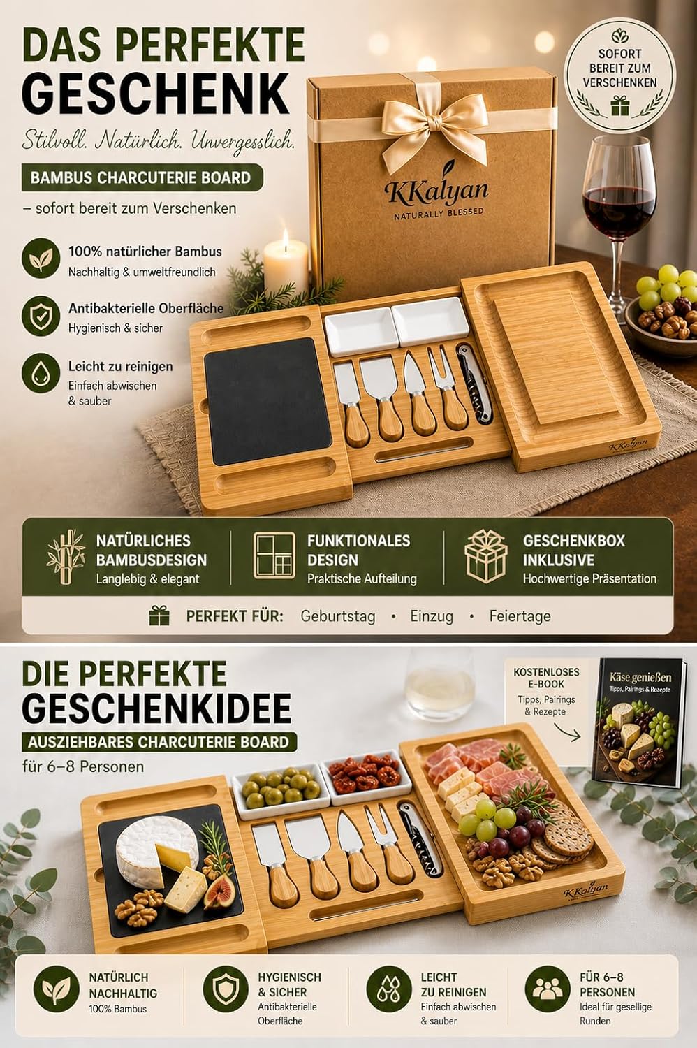 KKalyan Käsebrett Set aus Bambus – Ausziehbar auf 68 cm | Servierbrett mit Schieferplatte, 4 Käsemes