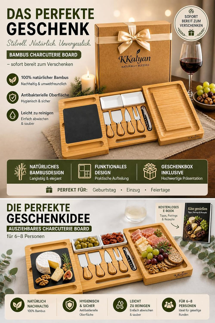 KKalyan Käsebrett Set aus Bambus – Ausziehbar auf 68 cm | Servierbrett mit Schieferplatte, 4 Käsemes