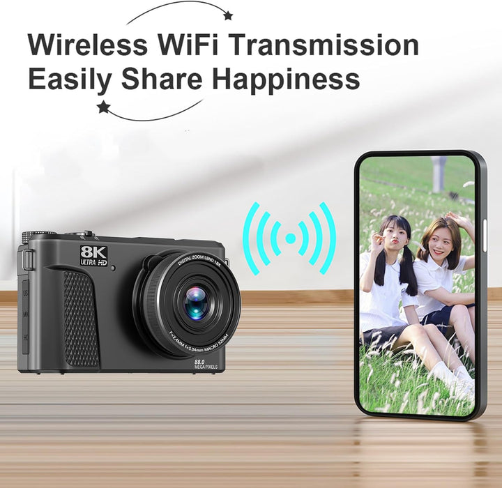 8K Digitalkamera für Fotografie, WiFi 88MP Vlogging -Kameras mit 3 "180 ° Flip -Bildschirm, Autofoku