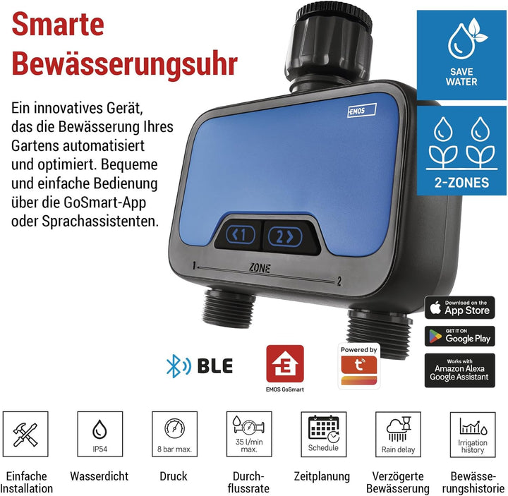 EMOS - smarte Bewässerungsuhr mit 2 Ausgängen mit App, Bluetooth - ZigBee-Hub erforderlich - Batteri