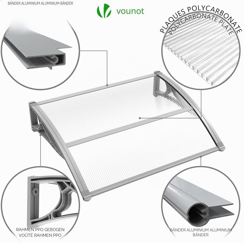 VOUNOT Vordach für Haustür 100 x 80 cm, Überdachung Haustür aus Aluminium und Polycarbonat, Transpar