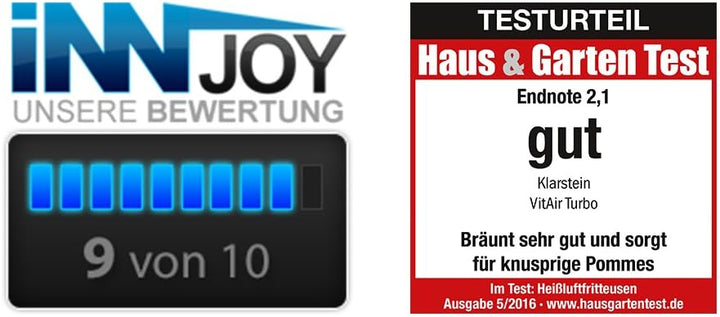 Klarstein VitAir Turbo Heissluftfritteuse - 1400 Watt Heissluftfriteuse, Airfryer mit 9 Liter Garrau