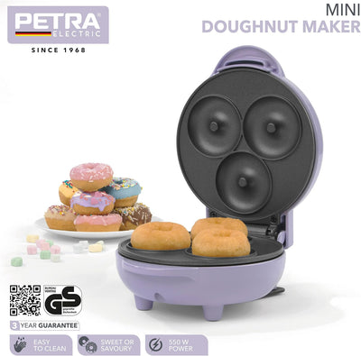 Petra PT4698PPVDEEU7 Elektrisch Mini Donut-Maschine, 550W, Kompakter Donut Maker Maschine für 3 Mini