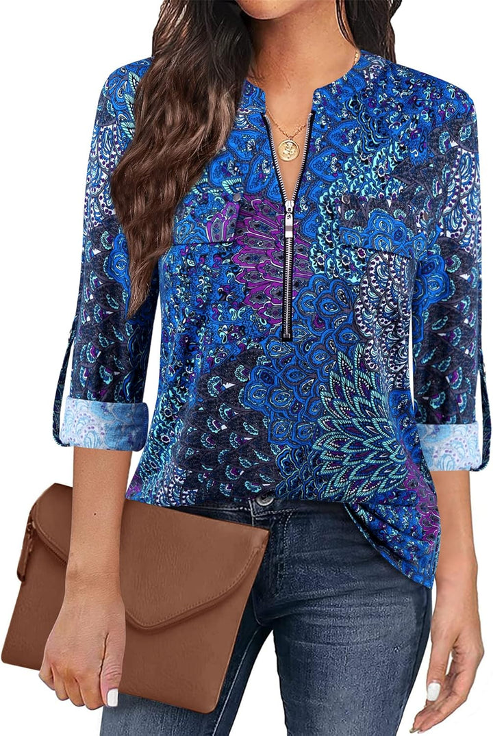 Siddhe Damen V-Ausschnitt Bluse 3/4 Ärmel Tunika Reissverschluss Langshirt Langarm Hemd Tops T-Shirt
