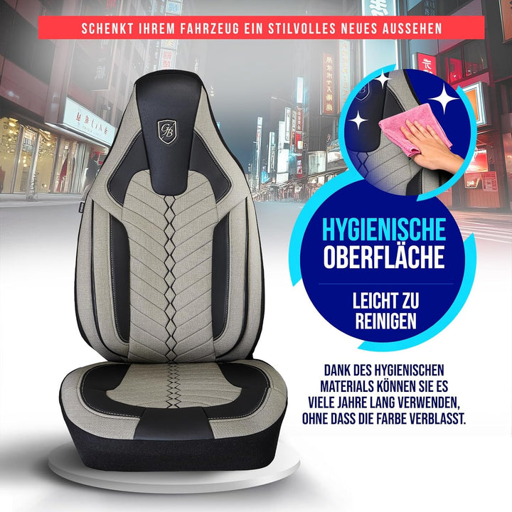 Autositzbezüge Universal für PKW &amp; SUV – Premium Vordersitze Auto Sitzbezug aus Leinen, Beige-Schwar