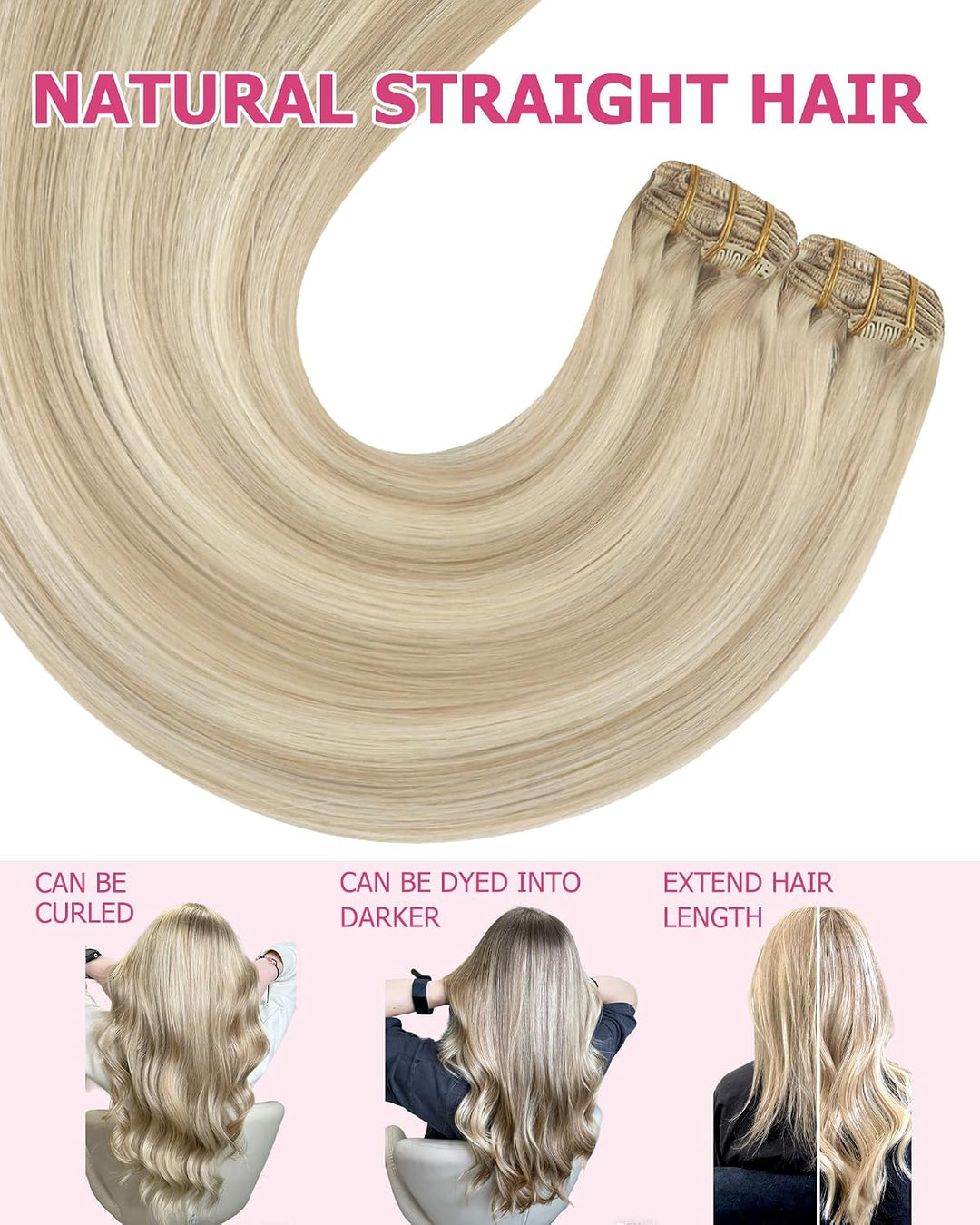 YoungSee Clip in Extensions Echthaar Aschblond Echthaar Extensions Clip Blond Strahnchen Platinblond