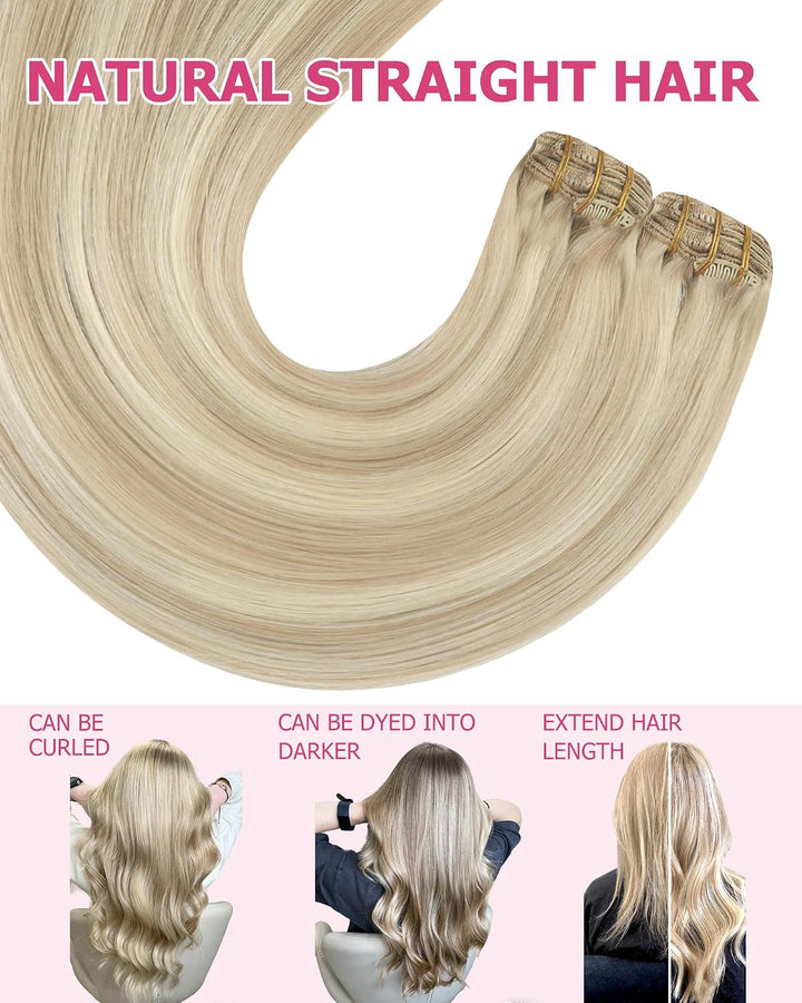 YoungSee Clip in Extensions Echthaar Aschblond Echthaar Extensions Clip Blond Strahnchen Platinblond