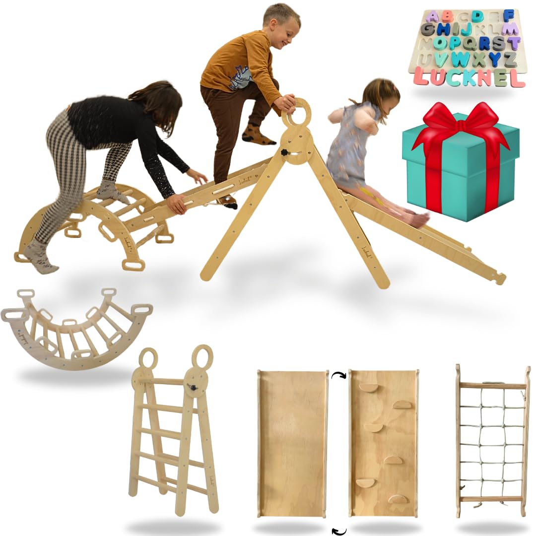 5-in-1 Montessori Klettergerüst Indoor Set – Pikler Dreieck, Kletterbogen, Kletternetz und Indoor Ru