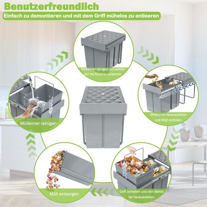 XMTECH Einbaumülleimer Küche Auszug, Einbaumülleimer Unterschrank Müll-Trennsystem, 2 Fächer Auszieh