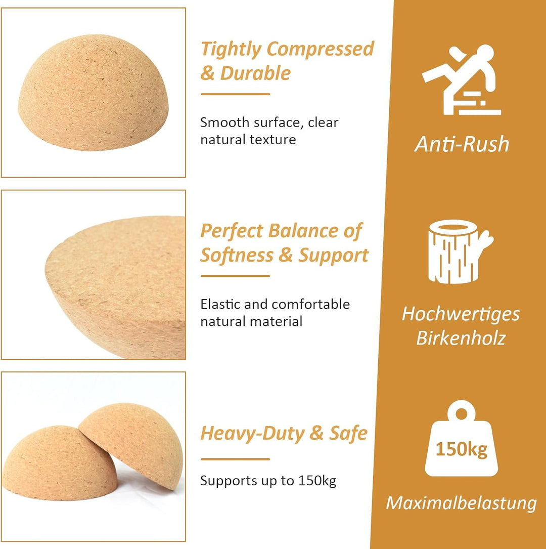 Balance Board Halbkugel aus massivem Kork Ø15cm, Höhe 7,5cm – Rutschfest, nachhaltig, ideal für Glei