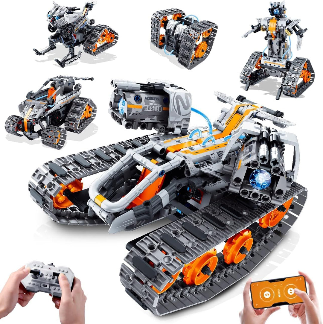 Technik Roboter für Kinder mit LED Licht, 5-in-1 APP und Fernbedienung Bausatz RC Robot/Tracked/Race