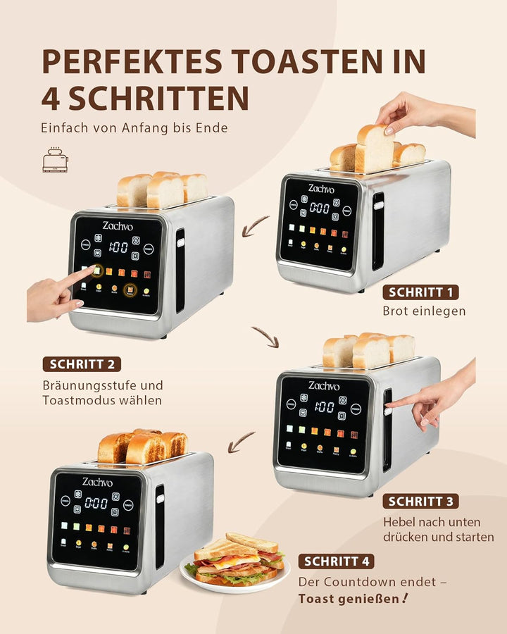 4 Scheiben Langschlitz Toaster Edelstahl, Smart Touchscreen mit LED-Countdown, Memory-Funktion, 6 Br