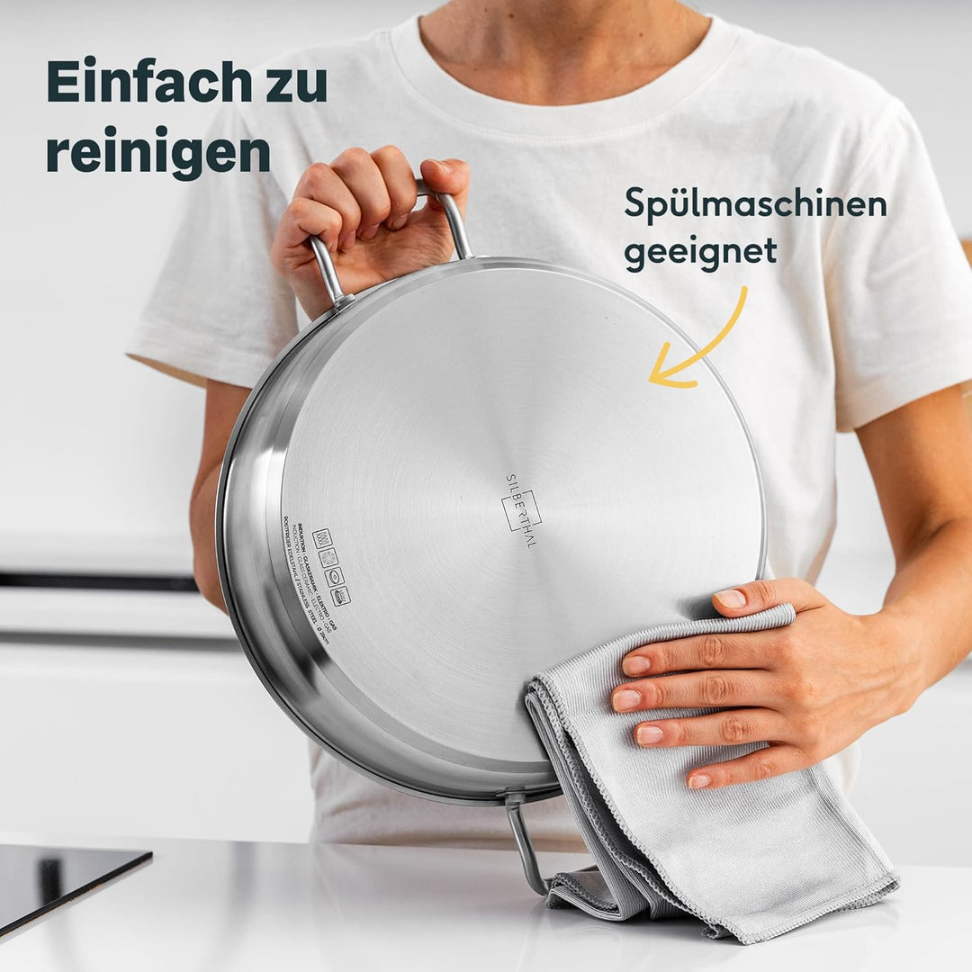 SILBERTHAL Schmorpfanne Unbeschichtet 28 cm hoher Rand - Servierpfanne mit Deckel - Backofengeeignet