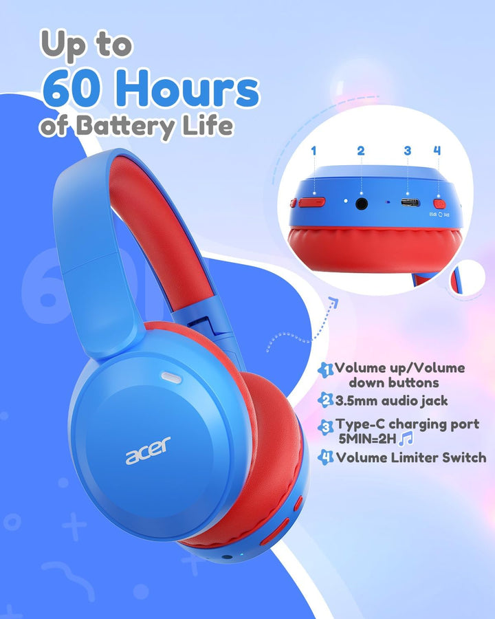 Acer Kinder Bluetooth Kopfhörer, 85/94dB Lautstärkebegrenzer, Faltbare Kabellose Over-Ear-Kopfhörer
