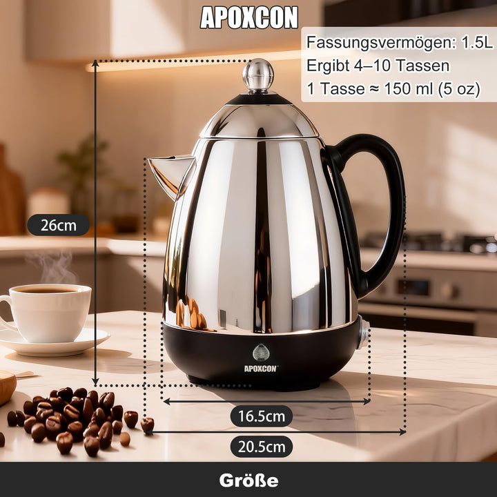 APOXCON Edelstahl-Kaffeekanne mit Permanentfilter 1,5 Liter (10 Tassen) mit Glasdeckel, garantiert t