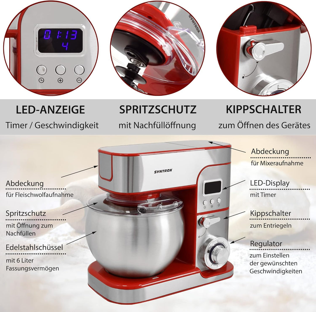 Syntrox Germany KM-1300W de Luxe Marseille Küchenmaschine Knetmaschine Mixer, Edelstahl-Behälter, 6