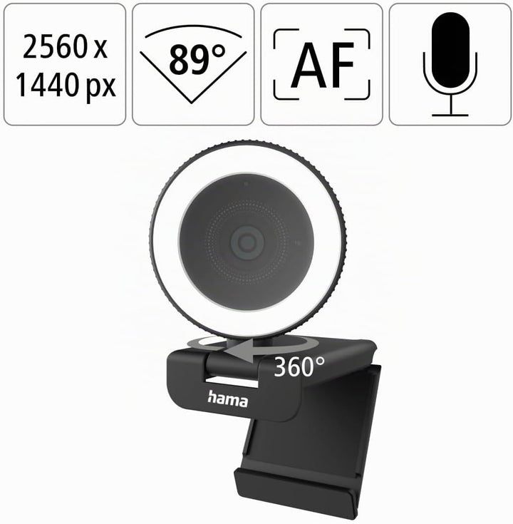 Hama Webcam mit Licht, Fernbedienung, Zoom, mobil (QHD 2K PC-Kamera mit Dual Mikrofon, Streaming-Cam