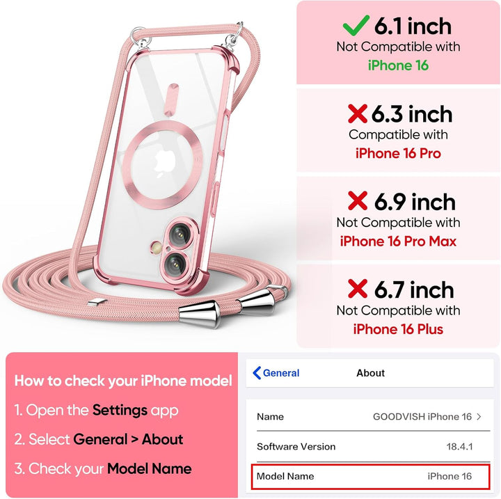 GOODVISH Handykette für iPhone 16 Hülle mit Band Magnetisch, Rosé | mit 2 Stück Schutzfolie, mit Kam