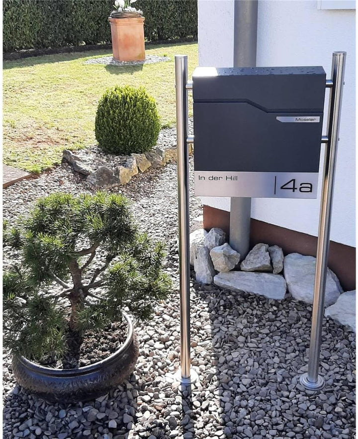 Metzler Briefkasten Anthrazit mit Zeitungsfach &amp; personalisiertem V2A Edelstahl Namensschild Lasergr