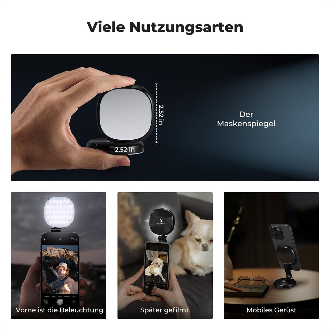 K&F CONCEPT Magnetische Selfie Licht mit Spiegel, 900mah Handy Ringlicht kompatibel mit iPhone Magsa
