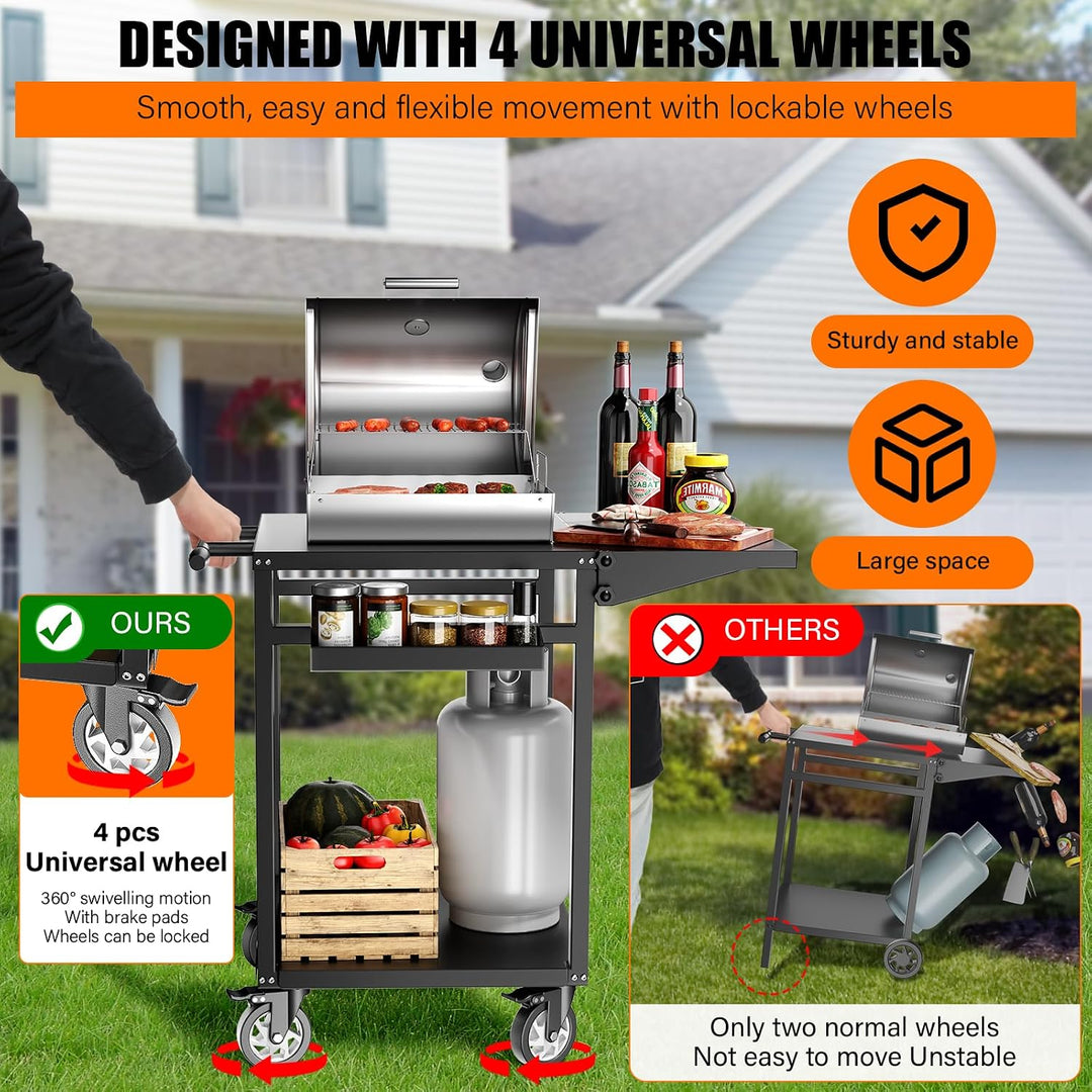 Grillwagen mit Rollen – Mobiler BBQ-Vorbereitungstisch, doppelte Ablagefläche, 360°-Lenkrollen, Trag