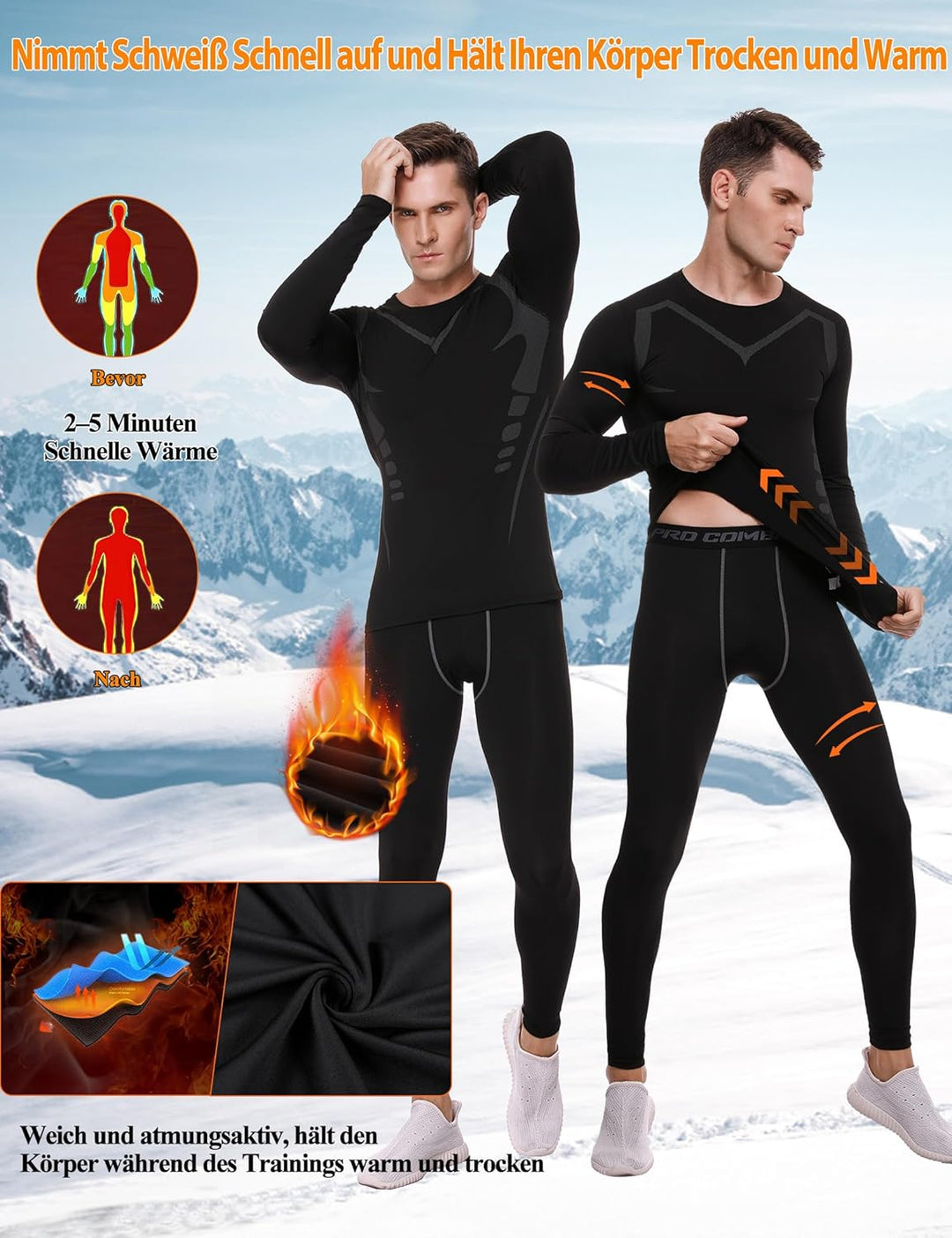 Terecey Thermounterwäsche Herren Winter Thermo Unterwäsche Set Fussball Funktionsunterwäsche Innenfl