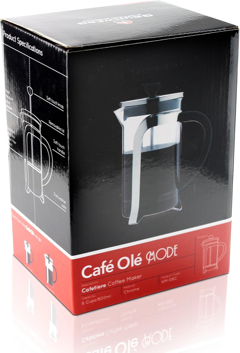 Café Ole Olé Grunwerg MODE Kaffeebereiter aus Glas – 800 ML, 6 Mokkatassen / Demitasse KM-08C Chrom