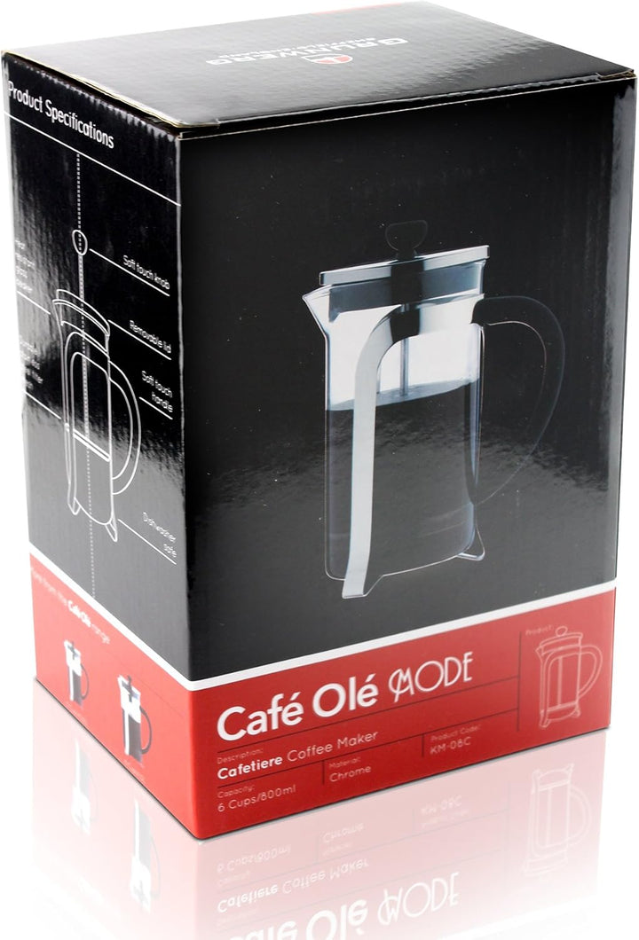 Café Ole Olé Grunwerg MODE Kaffeebereiter aus Glas – 800 ML, 6 Mokkatassen / Demitasse KM-08C Chrom