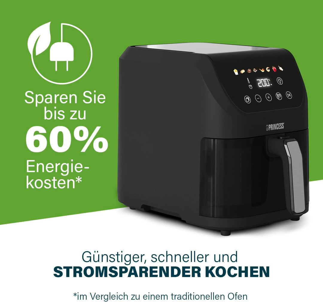 Princess Slim Airfryer 5L - 1500 W - leiser Betrieb (55 db) - Platzsparendes Design - Ölfrei - 8 Koc