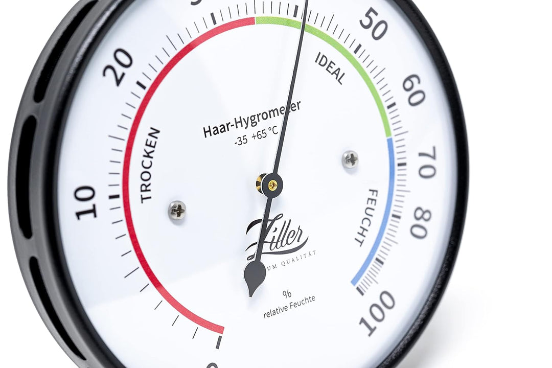 ZILLER Haar-Hygrometer, Serie Modern, Gehäuse Schwarz, Ziffernblatt Weiss, Durchmesser 10cm, Made in