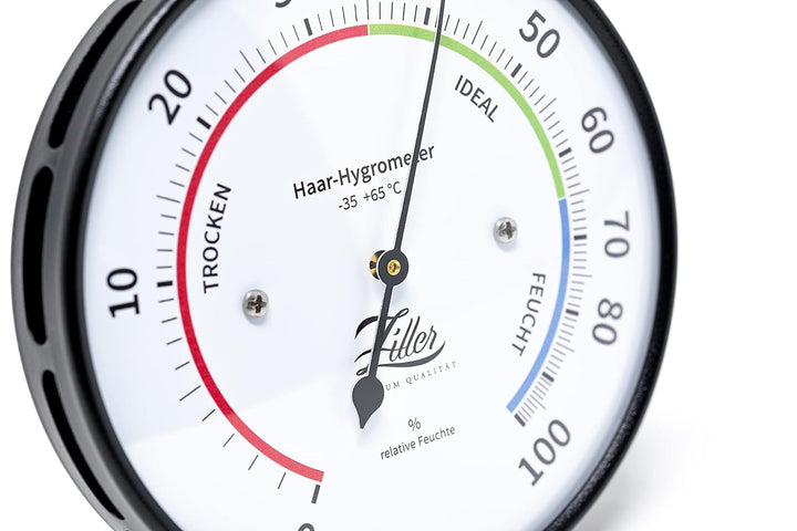 ZILLER Haar-Hygrometer, Serie Modern, Gehäuse Schwarz, Ziffernblatt Weiss, Durchmesser 10cm, Made in