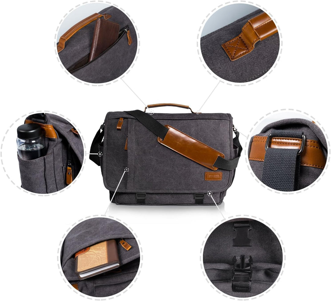 Estarer Laptoptasche 17 Zoll Umhängetasche Canvas für Arbeit Uni Grau 17-17.3