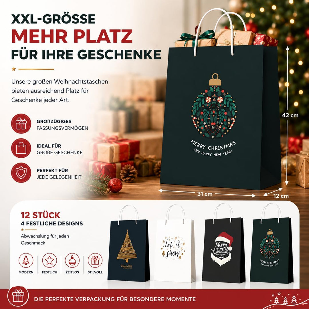 12 XXL Geschenktaschen Geschenktüten für Weihnachten: Grosse Weihnachtstüten ideal für Präsente &amp; Ge