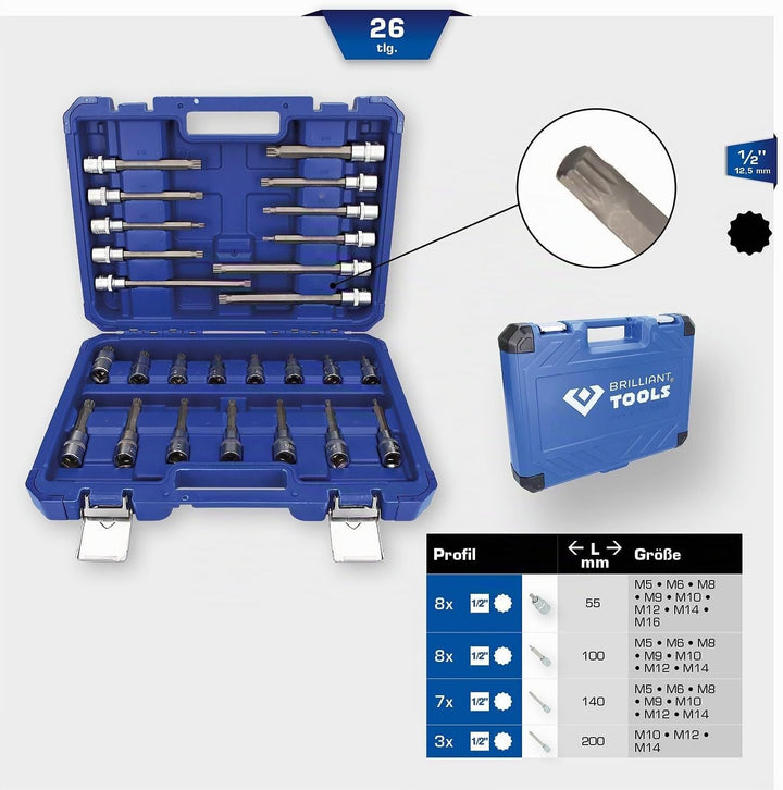 BRILLIANT TOOLS BT022026 1/2" Bit-Stecknuss-Satz, 26-tlg, Vielzahn-Profil, XZN [Powered by KS TOOLS]