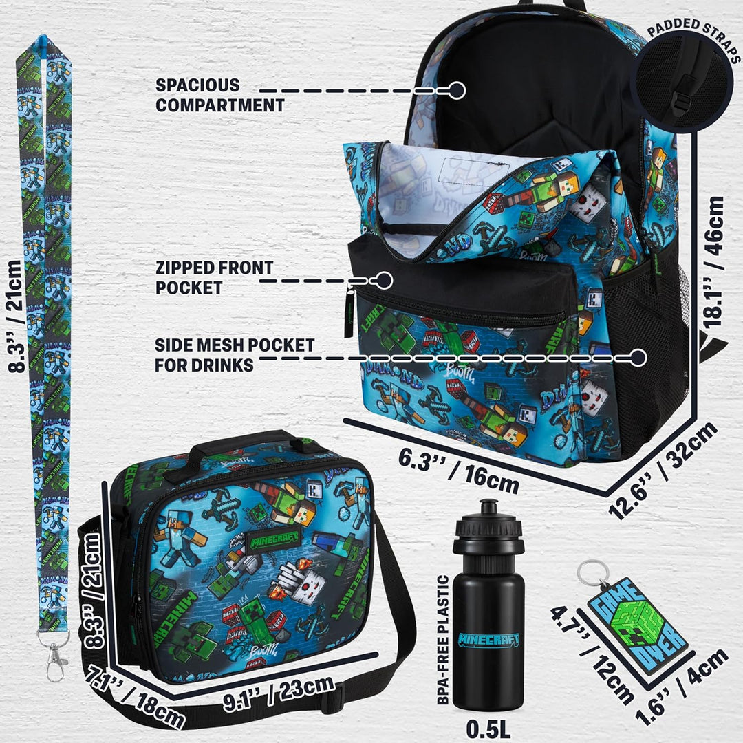 Get Trend Minecraft Rucksack Kinder 5er Set, Kinderrucksack mit Federmäppchen, Isolierte Lunchtasche