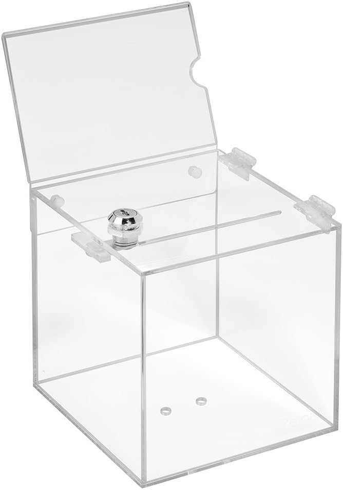Losbox aus Acrylglas in 150x150x150mm mit Schloss und Topschild DIN A6 Quer - Zeigis® / Spendenbox/A