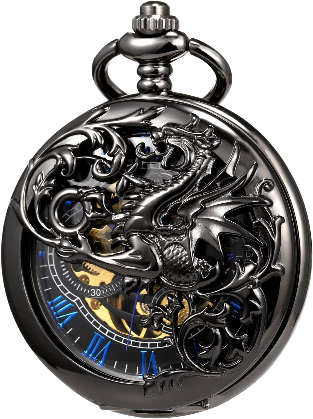 TREEWETO Unisex Taschenuhr mit Kette Analog Handaufzug Doppelscharnier Antik Drache Skelett Bronze 3