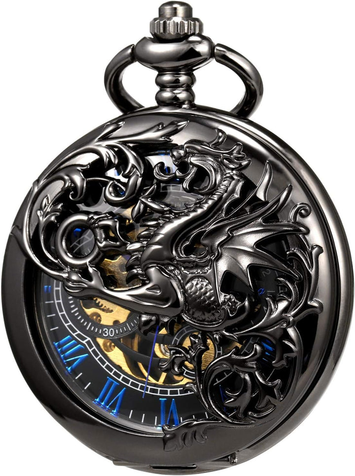 TREEWETO Unisex Taschenuhr mit Kette Analog Handaufzug Doppelscharnier Antik Drache Skelett Bronze 3