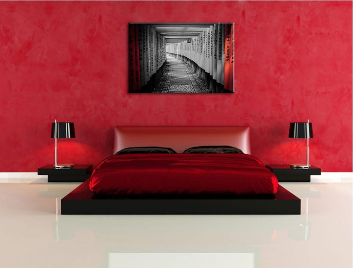 schöner Gebetsgang Japan schwarz/weiss Format: 100x70 auf Leinwand, XXL riesige Bilder fertig gerahm