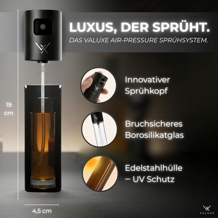 VALUXE® Ölsprüher für Speiseöl & Essig mit UV-Edelstahlmantel & Sprühfilter - Edelstahl Öl-Sprühflas