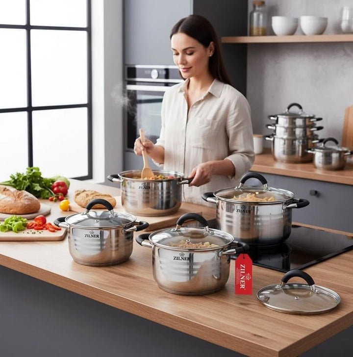 Topfset 12-teilig, Edelstahl, 6 Töpfe 2,1–6,5 L, Glasdeckel, Silber | Kochtopf Set für Induktion, Ga