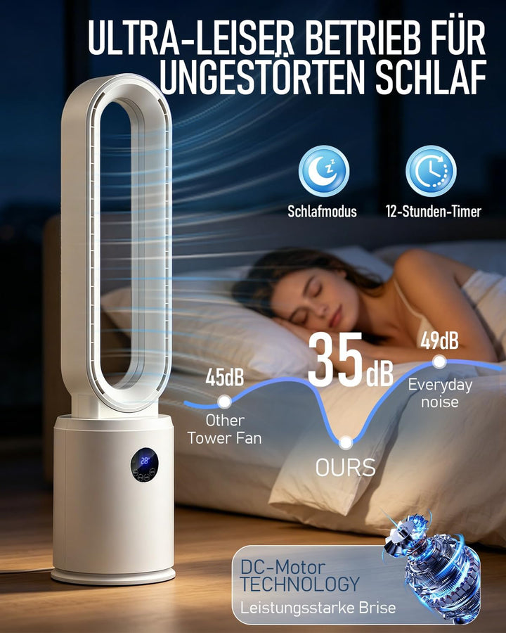 Rotorloser Ventilator, 24 Stufen Leiser Tischventilator mit Fernbedienung & 12h Timer, Energiesparen